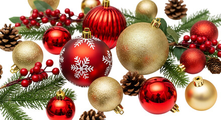 Festive christmas background with red and gold ornaments, pine cones, and berries isolated on transparent background for a joyful holiday season celebration