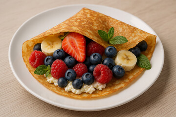 Delisious dessert with fresh fruit, mint and cheese filling inside crispy pancake Stock Photo