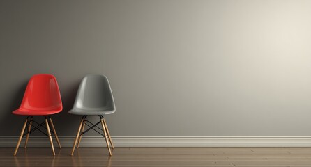 Two colorful chairs against a simple gray wall, with wooden floor and bright lighting