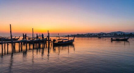 Obraz premium Serene Sunrise Over Fishing Boats and Wooden Pier Reflections