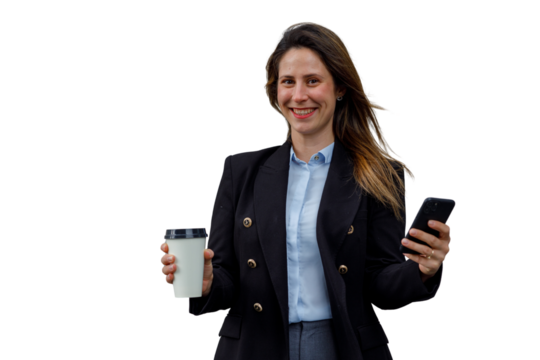 Professional businesswoman holding coffee cup and smartphone, smiling at camera, transparent background