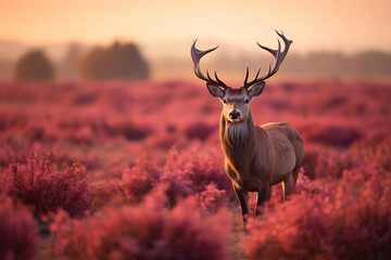 Fototapeta premium stag standing in vibrant pink heather during sunset, surrounded by autumn foliage