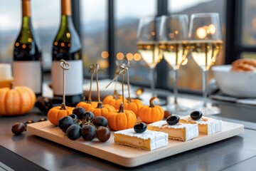 Halloween party appetizers with mini pumpkins and wine