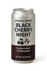 Rendered Closeup of Energy Drink Can Original Design No Branding Isolated on Blank White Black Cherry Night