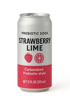 Closeup of Fake Prebiotic Soda Can Isolated on Blank White No Background Strawberry Lime