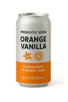 Closeup of Fake Prebiotic Soda Can Isolated on Blank White No Background Orange Vanilla