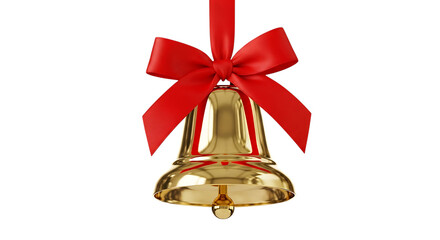 Golden christmas bell with red bow isolated on transparent background is perfect for holiday greetings and festive decorations, adding a touch of elegance