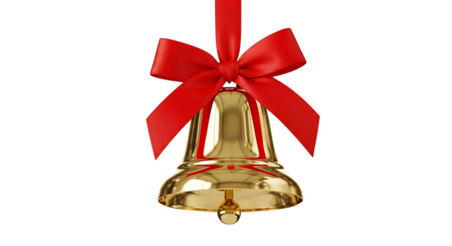 Golden christmas bell with red bow isolated on transparent background is perfect for holiday greetings and festive decorations, adding a touch of elegance