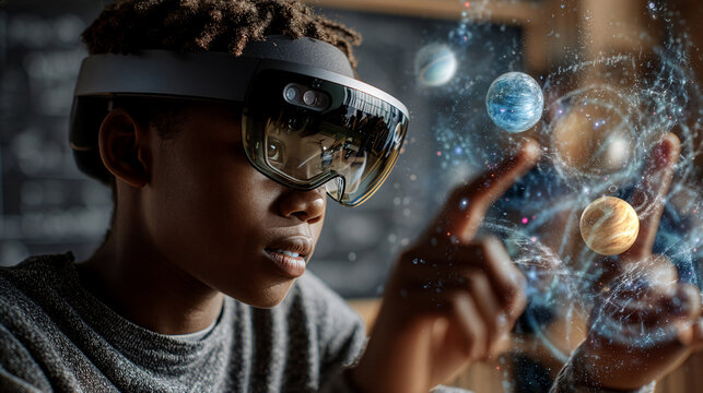 Young black boy using an augmented reality headset in a classroom, floating digital planets projected around her, futuristic yet realistic, vibrant educational concept