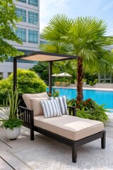 Fototapeta premium Relaxing poolside lounge chair on an urban rooftop patio