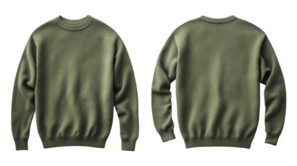 Plain army green sweater mockup featuring both front and back views, perfect for design presentations, customization, and branding on transparent background