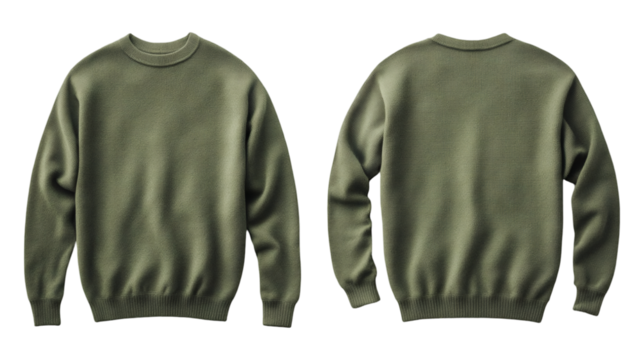 Plain army green sweater mockup featuring both front and back views, perfect for design presentations, customization, and branding on transparent background