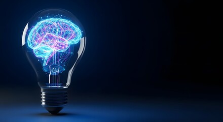 Neon glowing brain inside a light bulb, symbolizing creativity, innovation, and intelligence against a dark background.