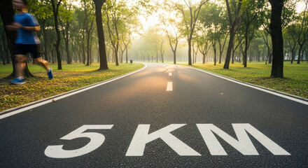 Runner on a tree-lined park road marked with 5 kilometers race distance