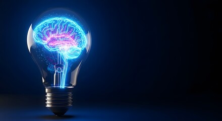 Vibrant neon-rendered brain in a glowing light bulb, embodying technological progress, inspiration, and knowledge.