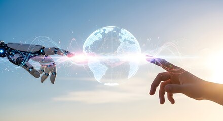 A digital concept of collaboration between humans and AI, illustrated by glowing hands bridging a futuristic Earth.