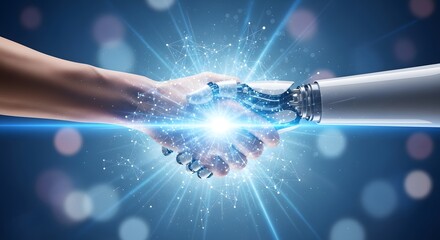 Futuristic image of human and robotic hands shaking, representing the integration of AI and technology in business and innovation.