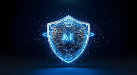 Digital innovation meets cyber security: a sleek shield pulsating with blue light and showcasing AI elements.