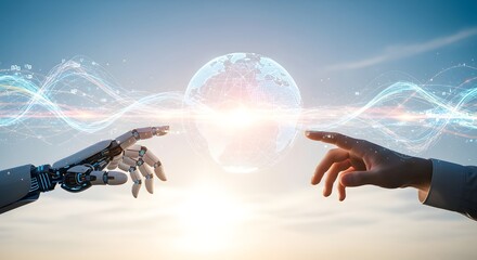 A robot and human hand reach toward a glowing Earth, symbolizing the connection between AI and humanity in a futuristic, interconnected world.