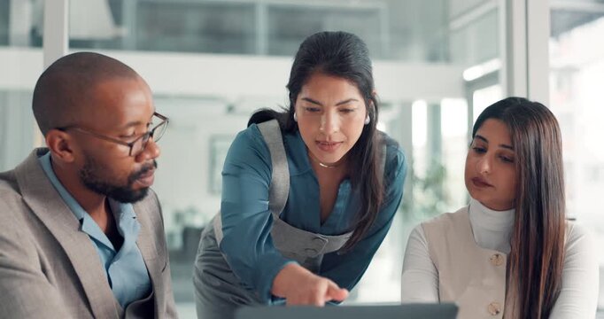 Business, advice or people with laptop in meeting for editorial guidance, story review or feedback. Publishing team, journalist or editor with tech in office for fact checking, editing or cooperation