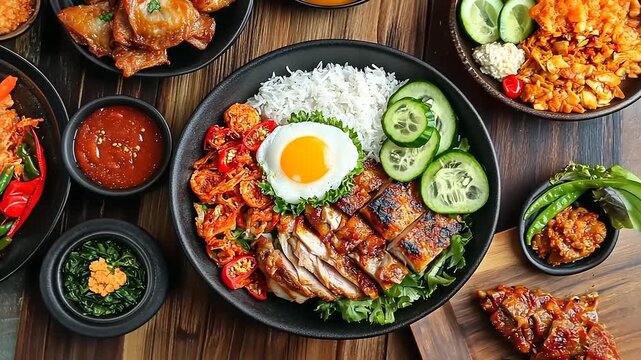 Top Down View of a Delicious Indonesian Food Feast with Rice and Chicken.