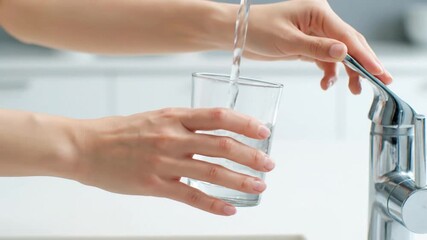 Hand of Asian woman pouring clean tap drinking water into the clean glass in kitchen room