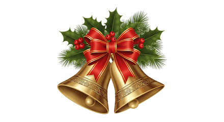 Festive golden christmas bells with red bow and holly isolated on transparent background, perfect for holiday greetings and seasonal decorations
