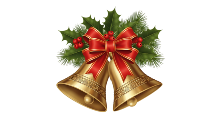 Festive golden christmas bells with red bow and holly isolated on transparent background, perfect for holiday greetings and seasonal decorations