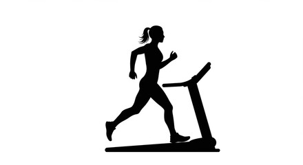 Silhouette of female athlete running on treadmill, isolated icon on white background.