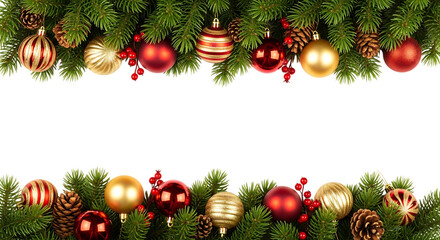 Christmas frame with ornaments, pine branches, and berries isolated on transparent background, creating a festive and decorative border for holiday season