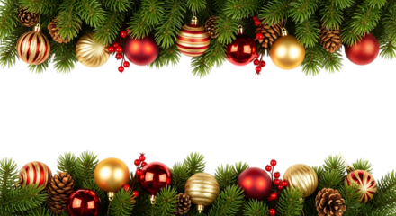 Christmas frame with ornaments, pine branches, and berries isolated on transparent background, creating a festive and decorative border for holiday season