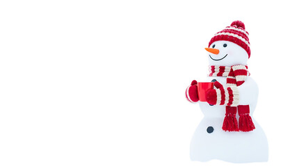 A cheerful snowman isolated on transparent background, wearing a red and white striped hat and scarf, holding a red mug, perfect for winter holidays