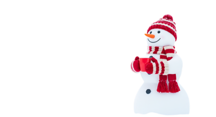 A cheerful snowman isolated on transparent background, wearing a red and white striped hat and scarf, holding a red mug, perfect for winter holidays