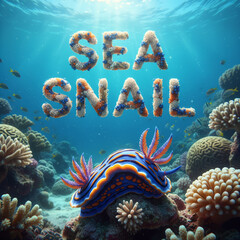 Colorful sea snail resting on coral reef in vibrant ocean scene filled with marine life