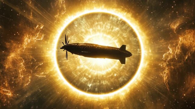 A spaceship silhouette against a glowing cosmic halo, captured from a low angle. Perfect for a sci-fi video backdrop with an epic, celestial theme. Live desktop wallpaper.