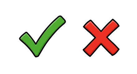 Green check and red cross mark. Hand drawn doodle sketch style.