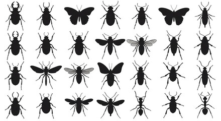Insect silhouettes vector set. Beetles, Butterflies, Bugs, Mosquito, Bee, Ant and More