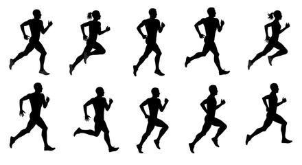 Run, running men and women, group of isolated vector silhouettes. Track and field athletes