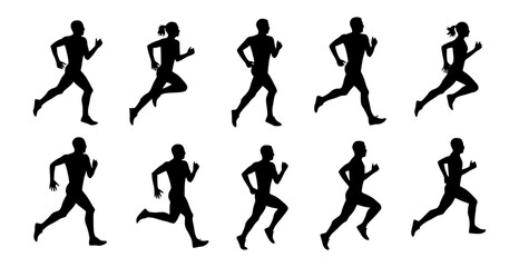 Run, running men and women, group of isolated vector silhouettes. Track and field athletes
