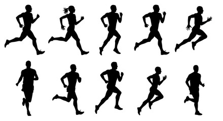 Run, running men and women, group of isolated vector silhouettes. Track and field athletes