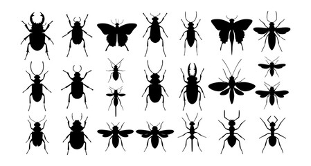 Insect silhouettes vector set. Beetles, Butterflies, Bugs, Mosquito, Bee, Ant and More