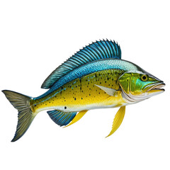 Obraz premium Colorful fish illustration, side view, vibrant blue/yellow, detailed scales
