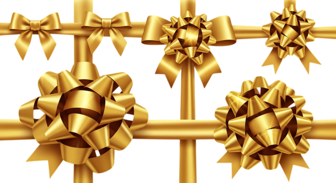 Golden bows and ribbons isolated on transparent background, perfect for adding a touch of elegance to your holiday or special occasion designs