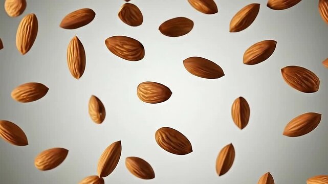 Scattered Almonds Floating Against a Neutral Gradient Backdrop with Warm Lighting and Textured Shells Creates a Sense of Weightlessness and Natural Simplicity