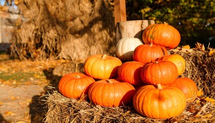 Pumpkins on Hay Bale at Harvest Time Outdoors