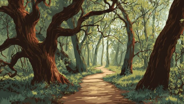 A pixelated, inviting pathway winds through a sun-dappled forest with large, gnarled trees