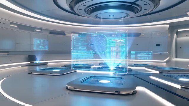 Futuristic High-Tech Control Room with Holographic Displays and Sleek Design