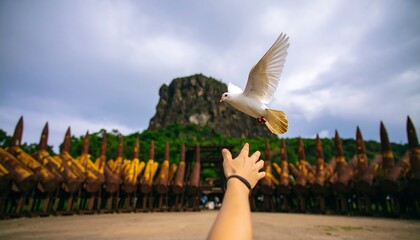 Reaching Hand and Flying Dove with Mountain Backdrop