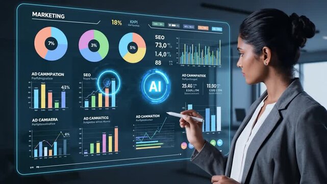 Marketing analyst using an AI-powered holographic dashboard to optimize a campaign. SEO and data analysis concept.