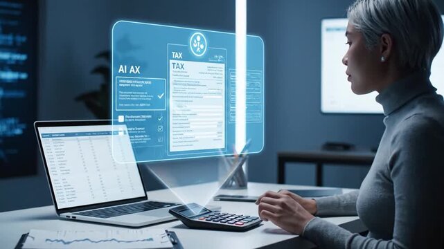 Person preparing taxes with an AI assistant on a holographic interface. Finance and technology concept.